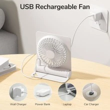 Small Desk Fan, Portable USB Rechargeable Fan, 160° Tilt Folding Personal Mini Fan with 4500mAh Battery, Strong Wind, Ultra Quiet, 4 Speed Modes for Office, Home, Camping - 白色 - 查看 5