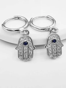 Cubic Zirconia Hamsa Hand Drop Earrings - Silver - View 2