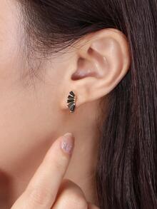 1雙純銀翅膀耳釘女性女孩黑色方晶鋯石