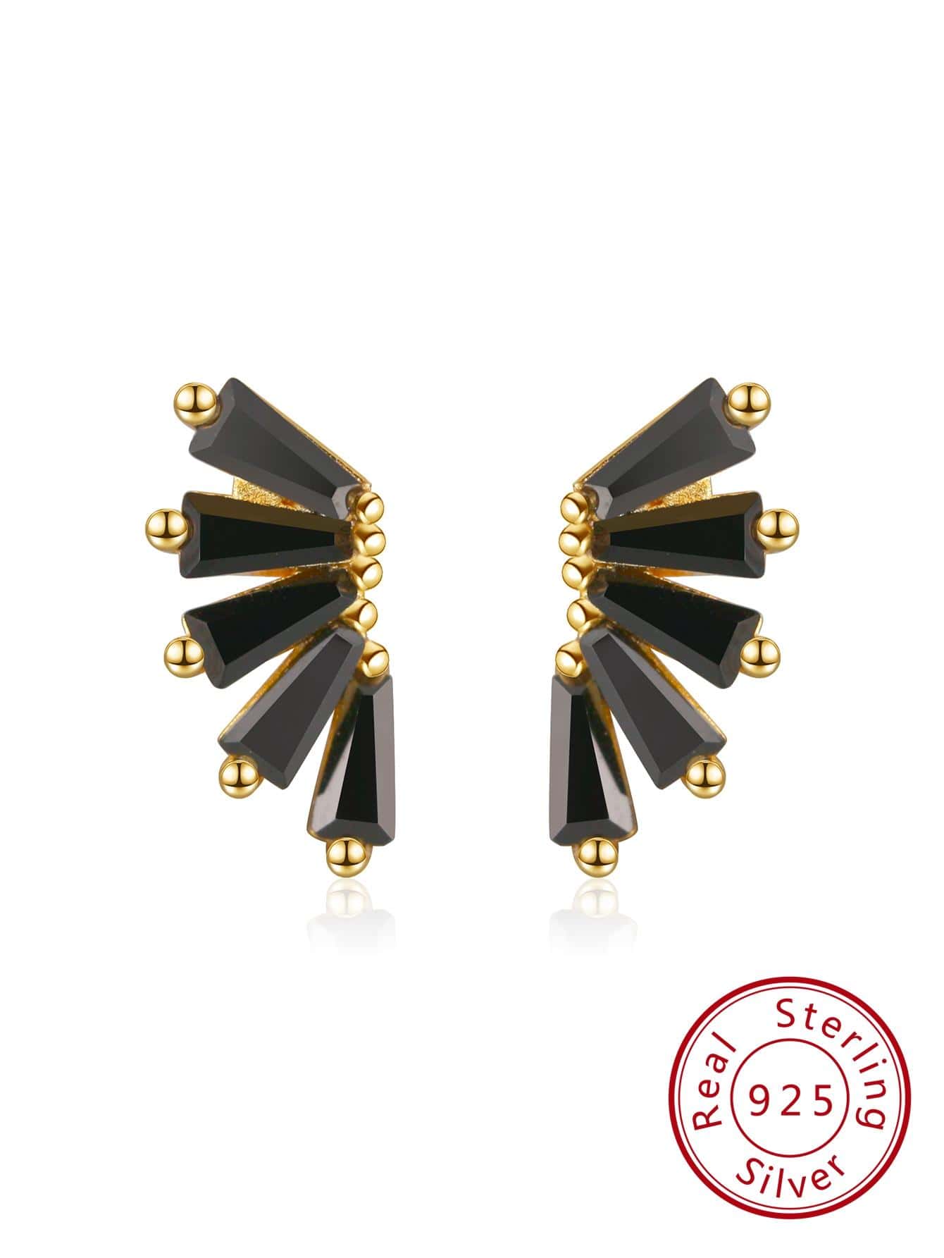 1雙純銀翅膀耳釘女性女孩黑色方晶鋯石