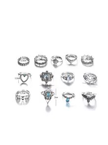 Bộ 13 chiếc/Bộ Nhẫn trang trí hình rùa và trái tim bằng hợp kim kẽm cổ điển ngẫu nhiên dành cho nữ làm quà tặng ngày lễ tình nhân - Màu Bạc Cổ - Xem 3