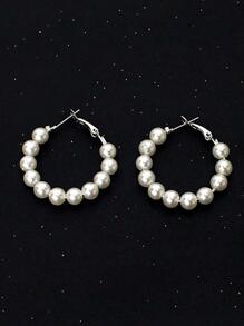 豪華仿珍珠環形耳環時尚大圓環耳環女式珠寶飾品 - 銀色 - 查看 2