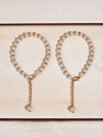 1pair Fashionable Golden French High Heel Shoe Accessory, Pearl Chain With Rhinestone, Detachable Pearl Buckle Chain For Women's High Heels