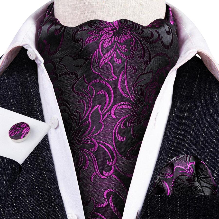 1入組男士花卉圖案提花時尚系帶和1入組方巾和1雙袖扣日常裝飾 - 紫色 - 查看 1