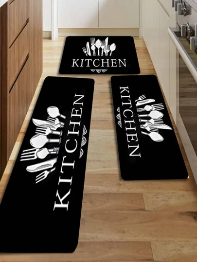 1pc Fork & Letter Graphic Anti-Slip Kitchen Rug, Modern Polyester Kitchen Mat For Home ,Room Decor