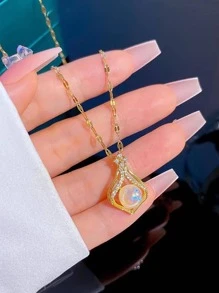Collier Charme Géométrique En Acier Inoxydable Mode Avec Strass Et Hémisphère Pour Femme Décoration Quotidienne