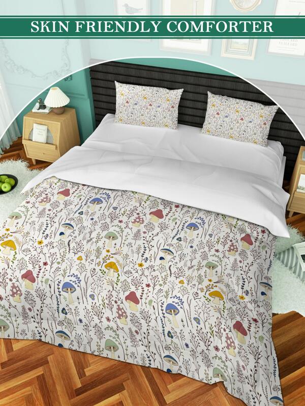 Colorful Mushroom Comforter Set Soft Mushroom Bedding Set With Wild Plants And Flower 3 Piece Aesthetic Mushroom Quilt Set For Kids Boys Girls