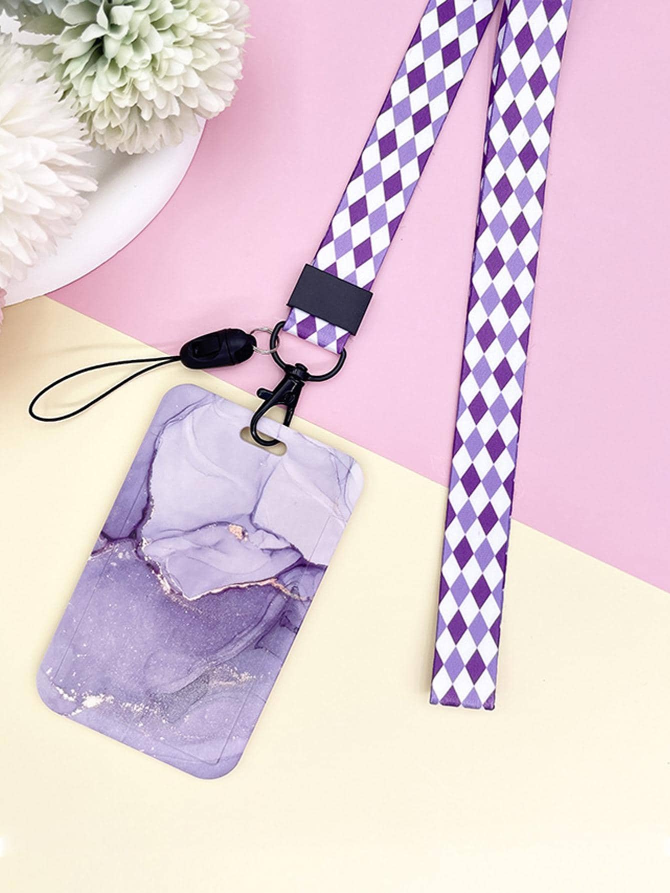 1 Đá Cẩm Thạch Họa Tiết Văn Phòng Đựng Thẻ Có Dây Buộc, Di Động Để Thẻ Dành Cho Nhân Viên Văn Phòng, Sinh Viên - Màu tím - Xem 1