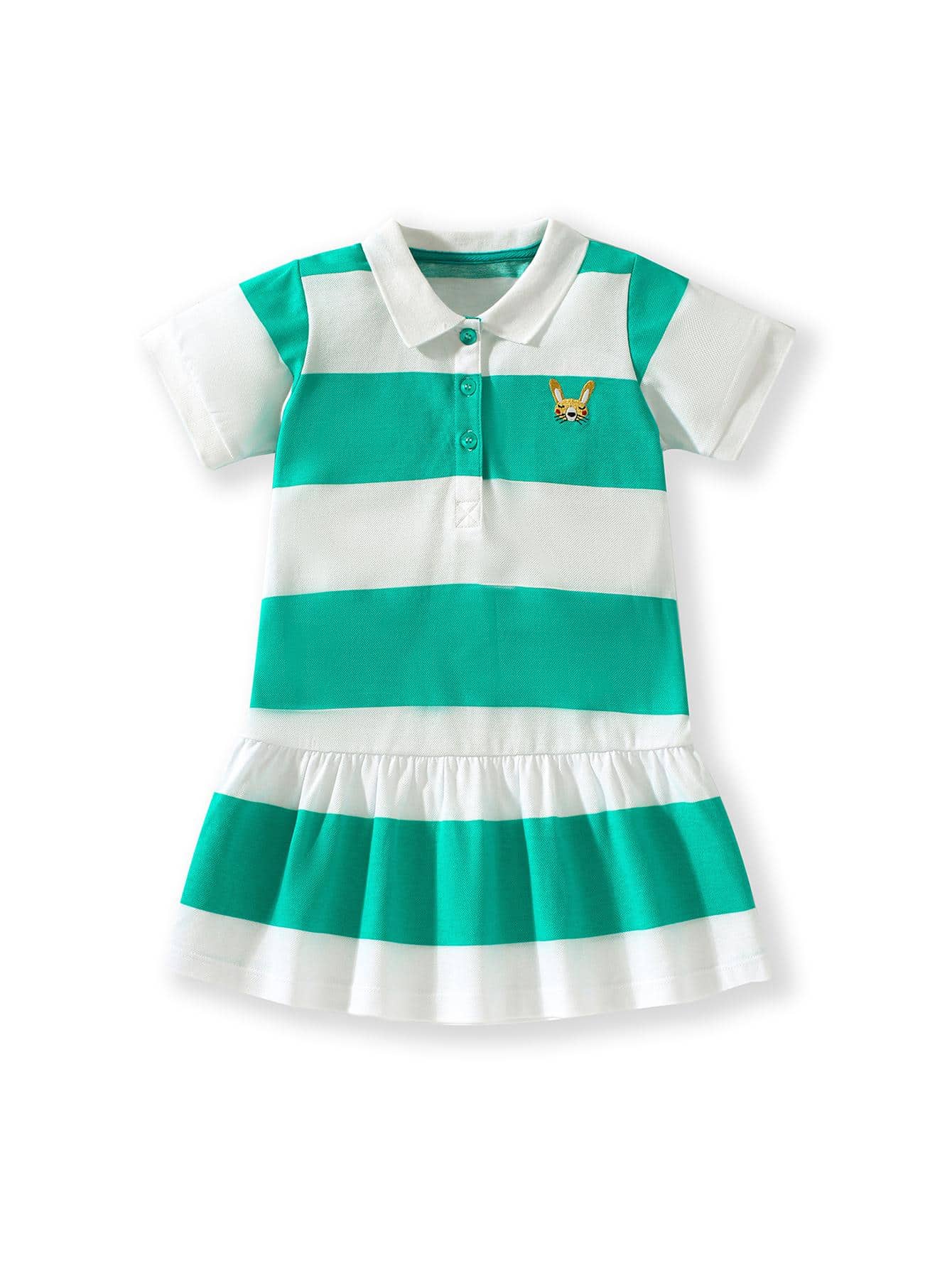 小女孩休閒運動 Polo 洋裝條紋領可愛刺繡校服 - 彩色 - 查看 1