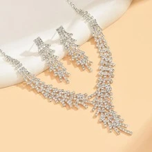 1pc Wedding Bridal Simple Atmospheric Full Diamond Necklace & 1pair Rhinestone Stud Earrings - Silver - View 6