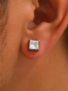 件時尚街頭風格龐克不銹鋼和方晶鋯石非穿孔磁性耳環 - 銀色 - 查看 3