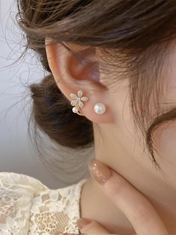 2 pièces Boucles d'oreilles ornées de fleurs avec perles et strass, idéal pour la Saint-Valentin, la mère, la fête des mères, cadeau