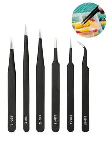 6 件套 ESD 防静电镊子，黑色尖头弯头轻型维修工具套装，适用于维修小型零件和轻型物品，夏季、学校适用