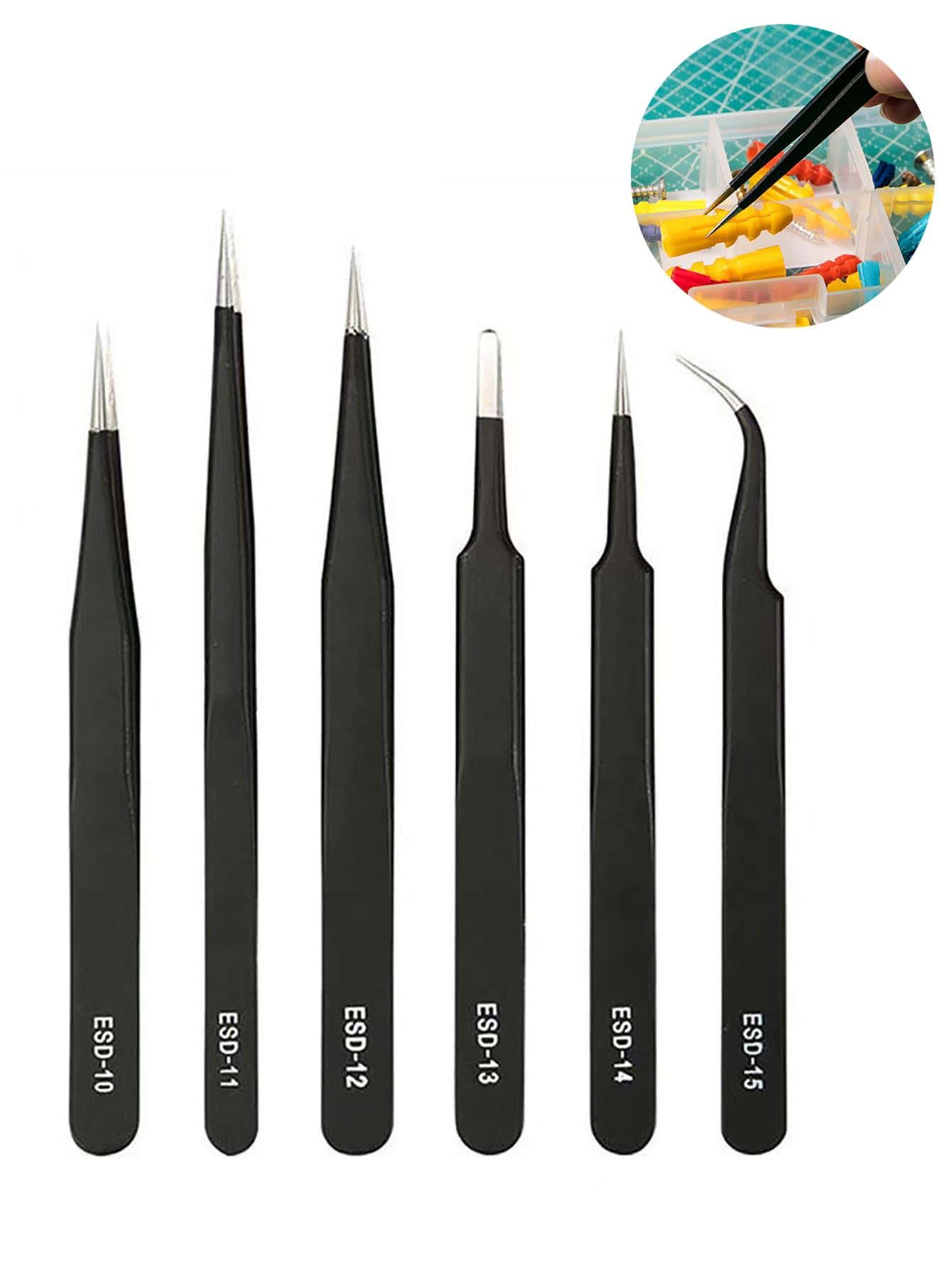 6 件套 ESD 防静电镊子，黑色尖头弯头轻型维修工具套装，适用于维修小型零件和轻型物品，夏季、学校适用