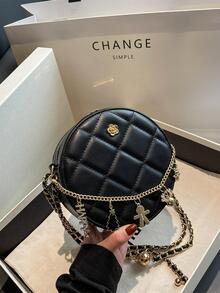 迷你圓形包PU皮革黑色衍縫樹和字母墜飾時尚