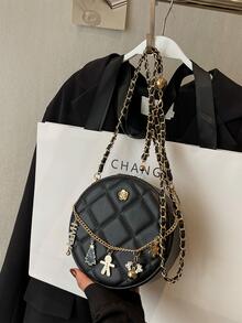 迷你圓形包PU皮革黑色衍縫樹和字母墜飾時尚