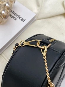 迷你圓形包PU皮革黑色衍縫樹和字母墜飾時尚