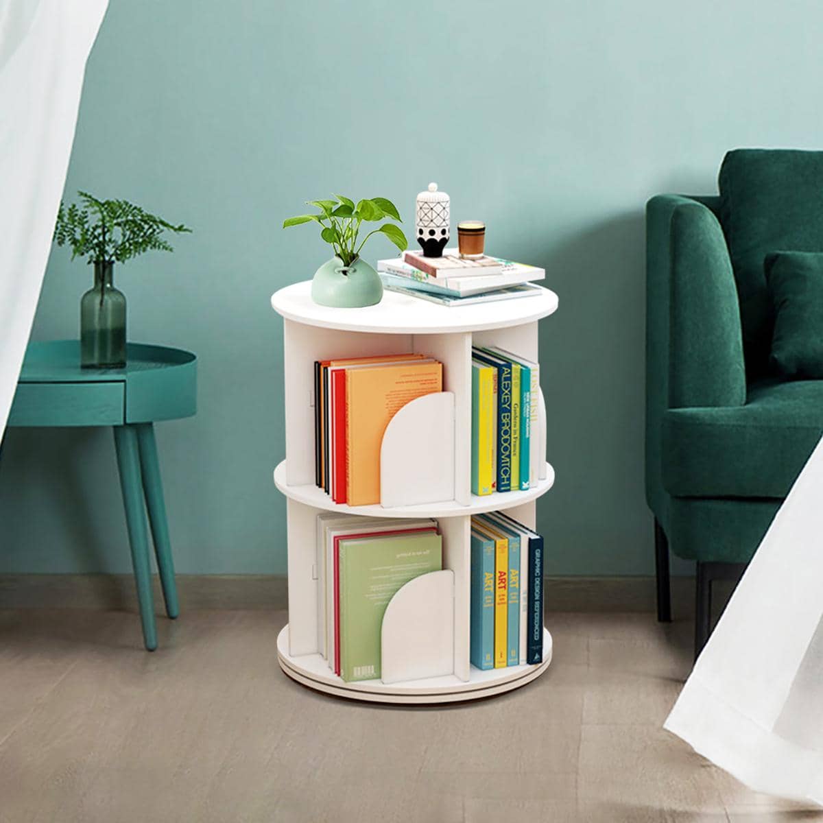 2 Tiers Bookcase 360° Rotating Bookshelf Floor Standing Organizer Storage Shelf Display Rack for Living Room Study Room Bedroom Home Office White - White - View 1