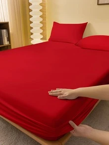 1pc Soft & Breathable Solid Color Brushed Fitted Sheet, Simple & Modern Bedding Mattress Covers, Bedroom Bedspread, Pink Bedding Set, White Bedding, Twin/Queen Size Bedding Set (Excluding Pillow & Pillow Case) - Red - View 2
