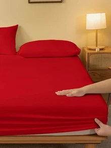 1pc Soft & Breathable Solid Color Brushed Fitted Sheet, Simple & Modern Bedding Mattress Covers, Bedroom Bedspread, Pink Bedding Set, White Bedding, Twin/Queen Size Bedding Set (Excluding Pillow & Pillow Case) - Red - View 4