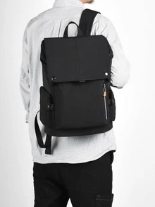 Casual Black Flap Backpack With Pocket Side - Black - View 2