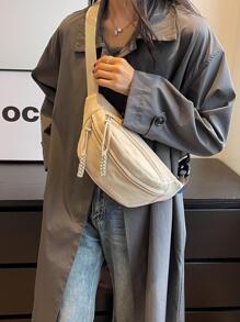 Letter Patch Chi tiết Fanny Pack Zip Mặt trước Tối giản - Màu be - Xem 3