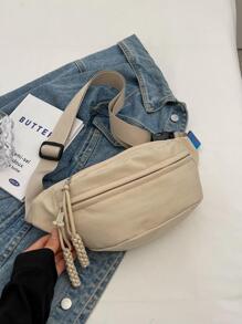 Letter Patch Chi tiết Fanny Pack Zip Mặt trước Tối giản - Màu be - Xem 6