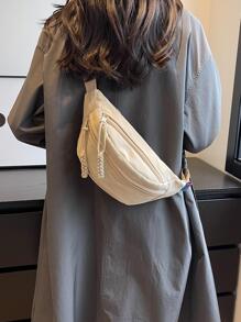 Letter Patch Chi tiết Fanny Pack Zip Mặt trước Tối giản - Màu be - Xem 2