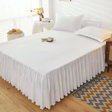 Bộ 1 váy giường và vỏ gối hai mặt màu trơn, vải nhung thân thiện với da, thiết kế sọc vàng, buộc chặt, váy giường xếp nếp hai lớp - trắng - Xem 1