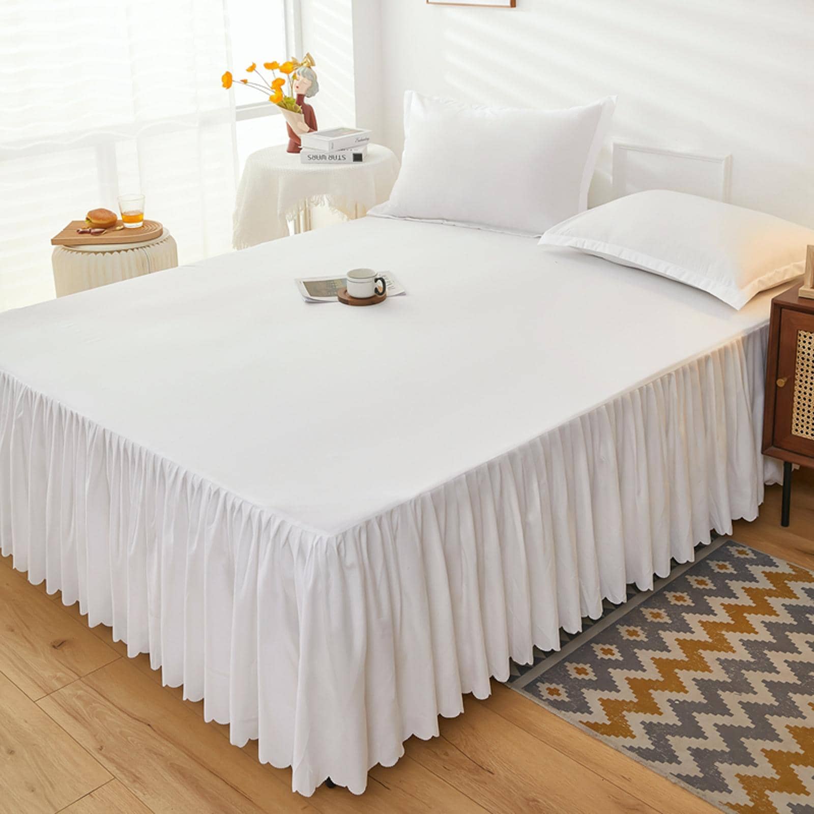 Bộ 1 váy giường và vỏ gối hai mặt màu trơn, vải nhung thân thiện với da, thiết kế sọc vàng, buộc chặt, váy giường xếp nếp hai lớp - trắng - Xem 1