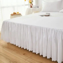 Bộ 1 váy giường và vỏ gối hai mặt màu trơn, vải nhung thân thiện với da, thiết kế sọc vàng, buộc chặt, váy giường xếp nếp hai lớp - trắng - Xem 5