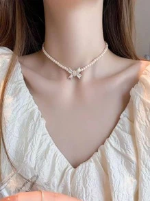 1 Thanh Lịch Hợp Kim Kẽm Nơ Trang Trí Ngọc Trai Giả Vòng Cổ Cho Nữ Trang Trí Hàng Ngày - trắng - Xem 1