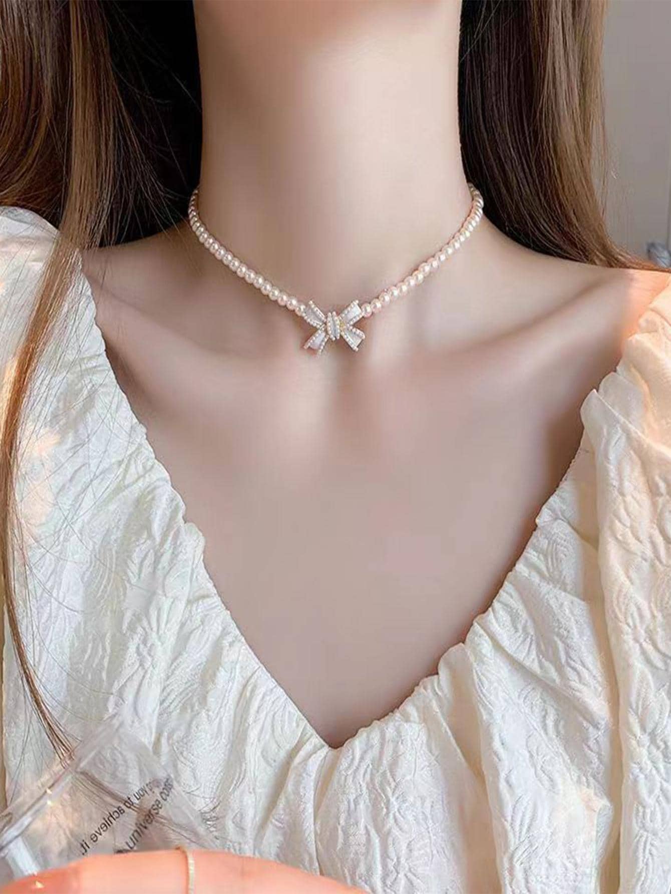 1 Thanh Lịch Hợp Kim Kẽm Nơ Trang Trí Ngọc Trai Giả Vòng Cổ Cho Nữ Trang Trí Hàng Ngày - trắng - Xem 1