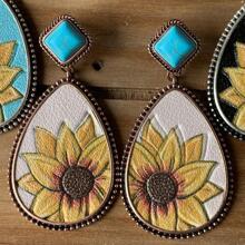Bông tai hoa văn hướng dương Boho Vintage Tribal Kim loại chạm khắc ren thả bông tai - Màu be - Xem 1