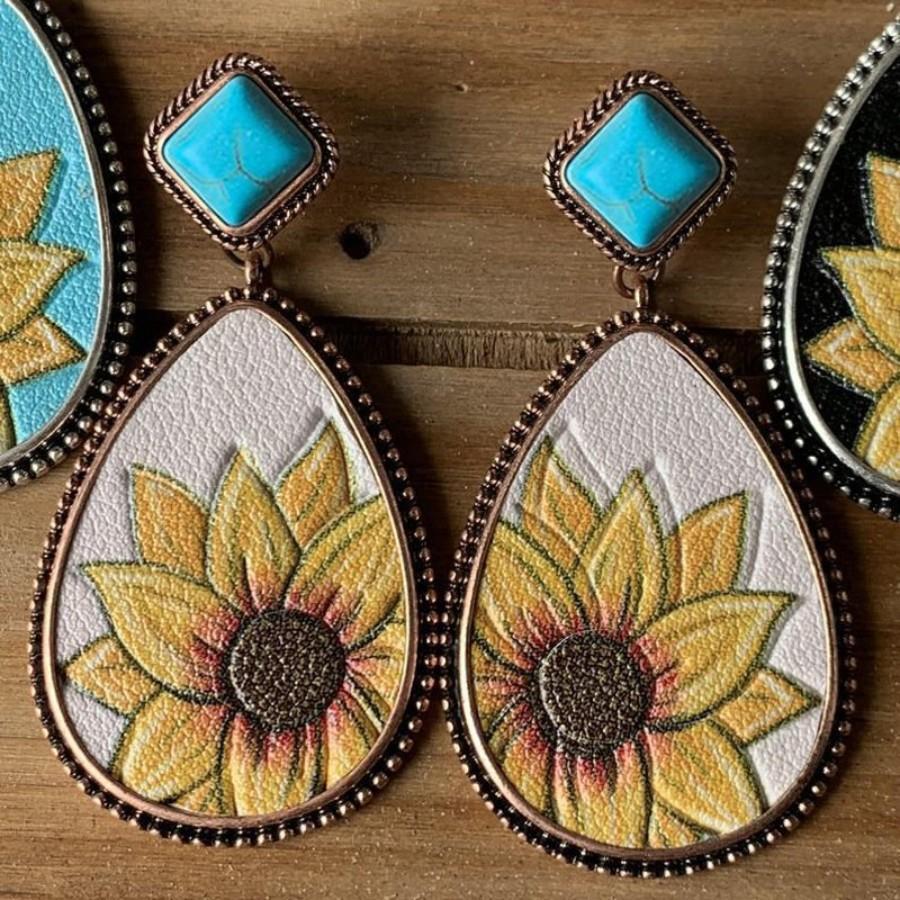 Bông tai hoa văn hướng dương Boho Vintage Tribal Kim loại chạm khắc ren thả bông tai - Màu be - Xem 1