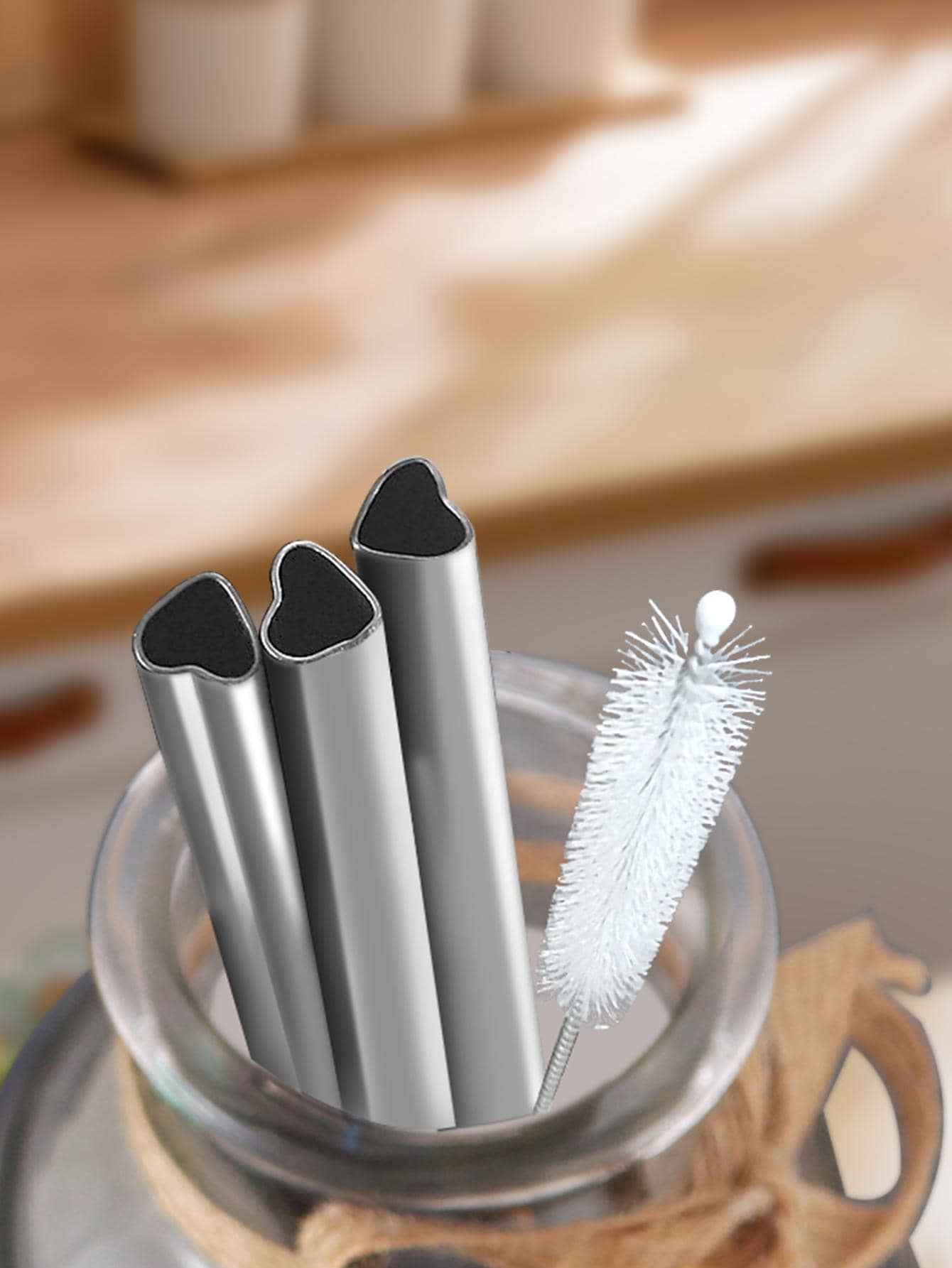 3pcs Heart Design Straw & 1pc Cleaning Brush, Creative Stainless Steel Drinking Straw For Home,Kitchen,Christmas Gift - Silver - View 1