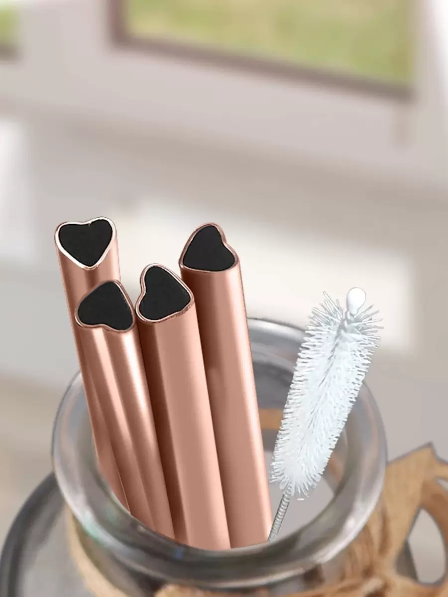 5 件新款不锈钢心形吸管套装（1 个清洁刷和 4 根爱心吸管），非常适合家庭厨房、酒店、西餐厅、奶茶店、咖啡厅、厨房、圣诞礼物、学校用品 - 玫瑰金 - 查看 1