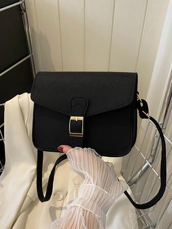 搭扣裝飾翻蓋方包素色黑色