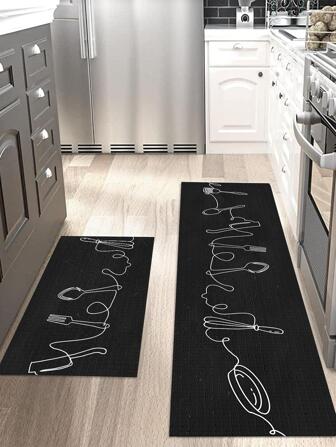 1入組湯匙和刀印花廚房現代廚具印花防滑地面地毯適用於廚房