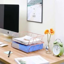 2 Packs Desktop File Organizer Metal Stackable Horizontal Letter Tray Paper Holder Rack, Rose Gold - Hoa hồng vàng - Xem 1