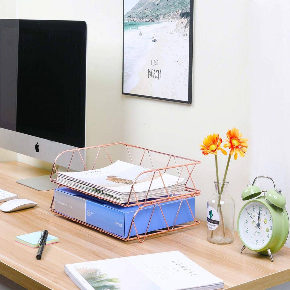 2 Packs Desktop File Organizer Metal Stackable Horizontal Letter Tray Paper Holder Rack, Rose Gold - Hoa hồng vàng - Xem 1