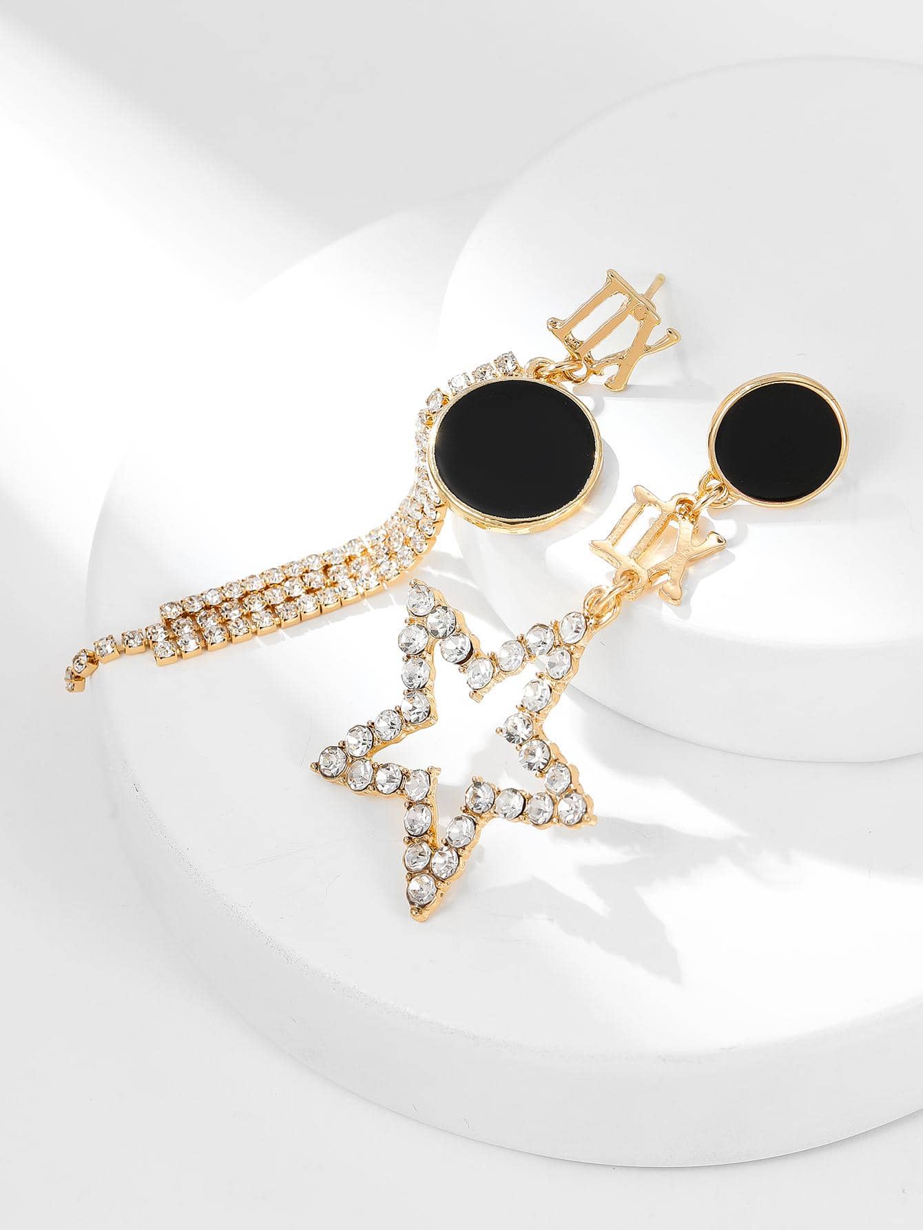 Rhinestone Star & Round Decor Mismatched Drop Earrings - Black - View 1