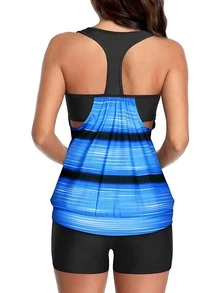 Striped Print Shorts Tankini Summer