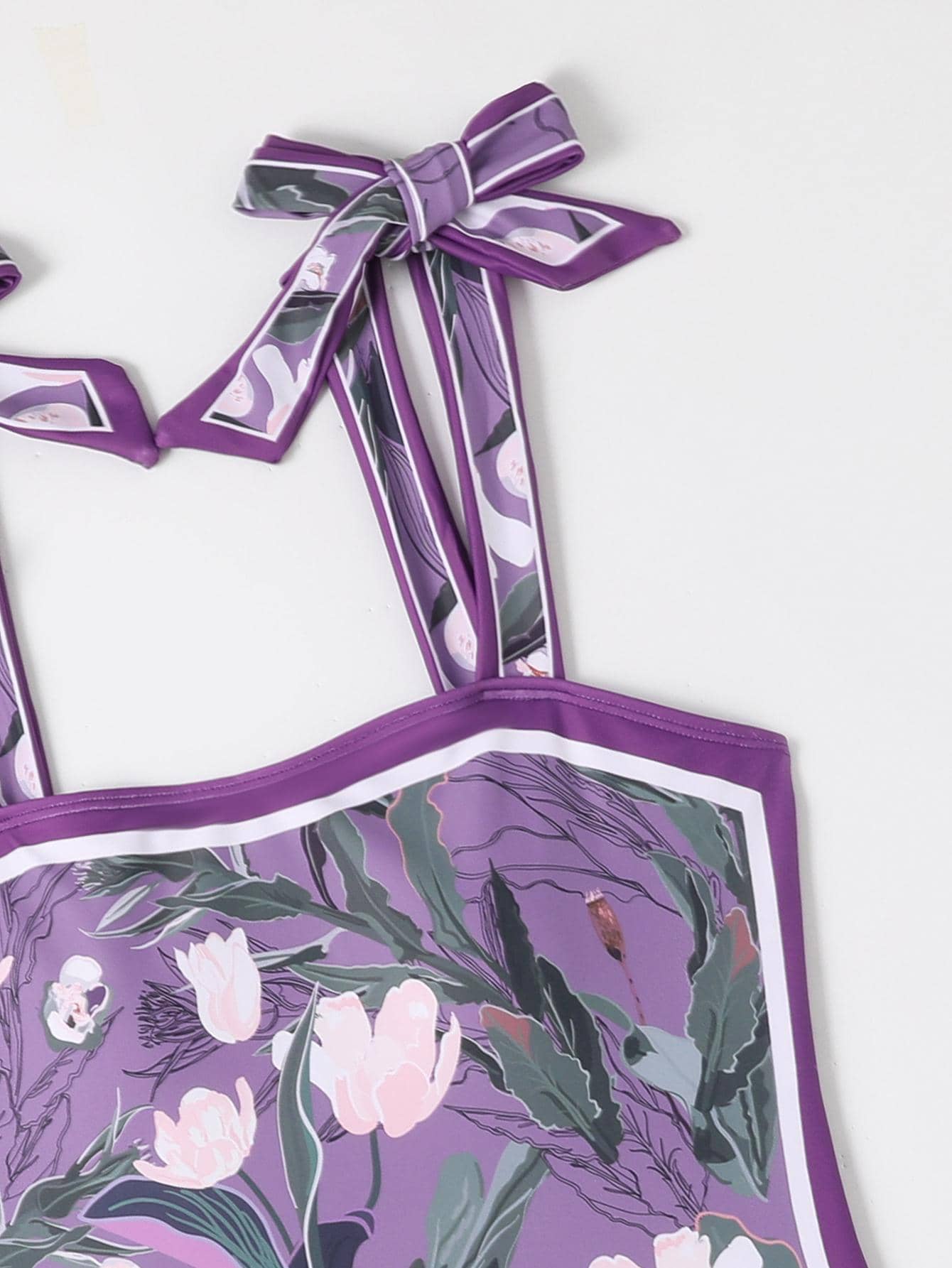 Floral Print Tie Shoulder One Piece Swimsuit - Purple - View 4