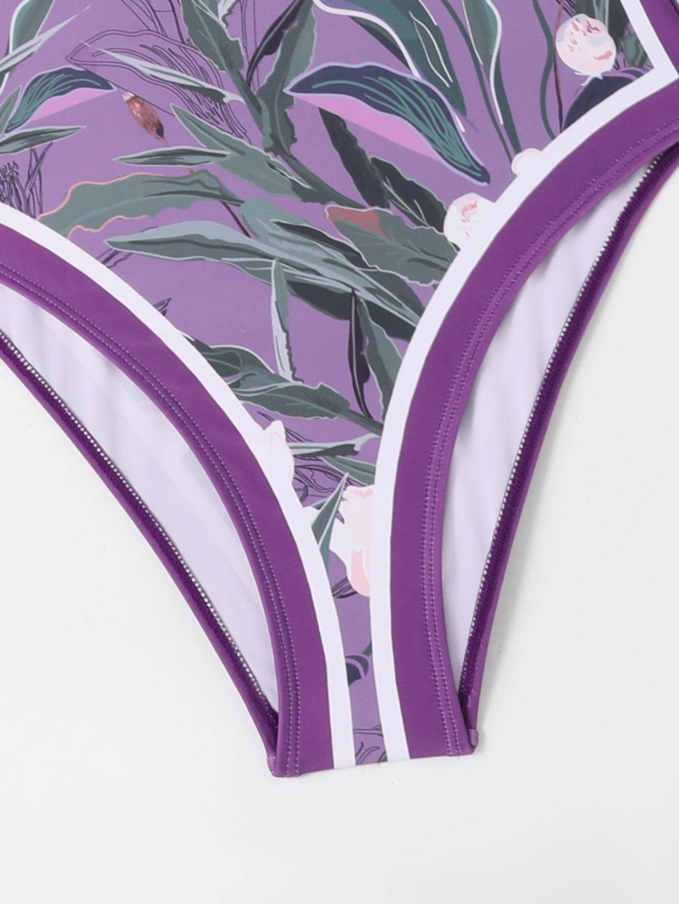 Floral Print Tie Shoulder One Piece Swimsuit - Purple - View 5