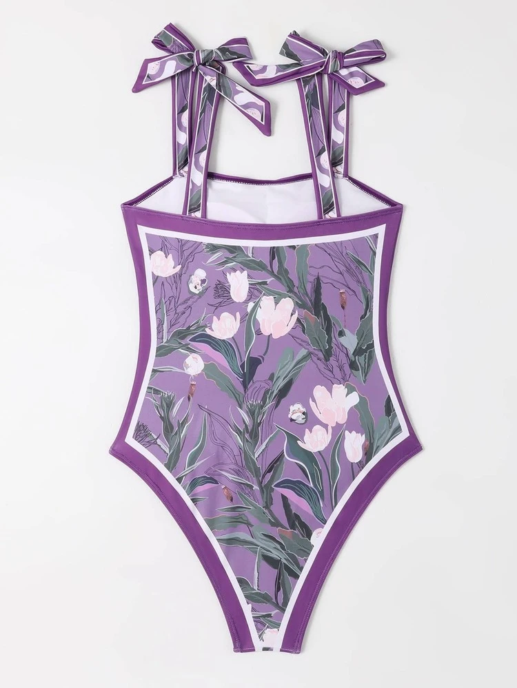 Floral Print Tie Shoulder One Piece Swimsuit - Purple - View 2