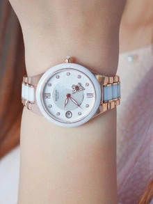 FANSICHEN 1pc Women Two Tone Stainless Steel Strap Glamorous Date Water Resistant Rhinestone Decor Round Dial Mechanical Watch, For Daily Life - Multicolor - View 5