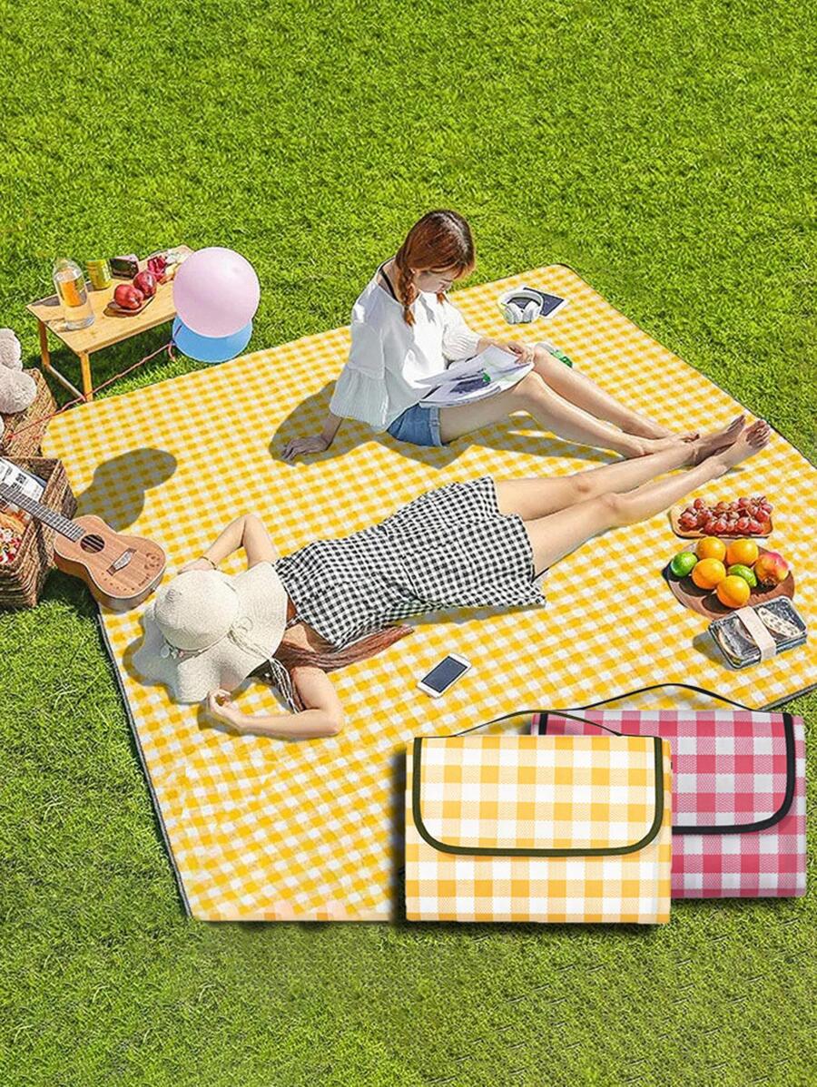 1pc Gingham Pattern Outdoor Waterproof Picnic Mat - Yellow - View 1