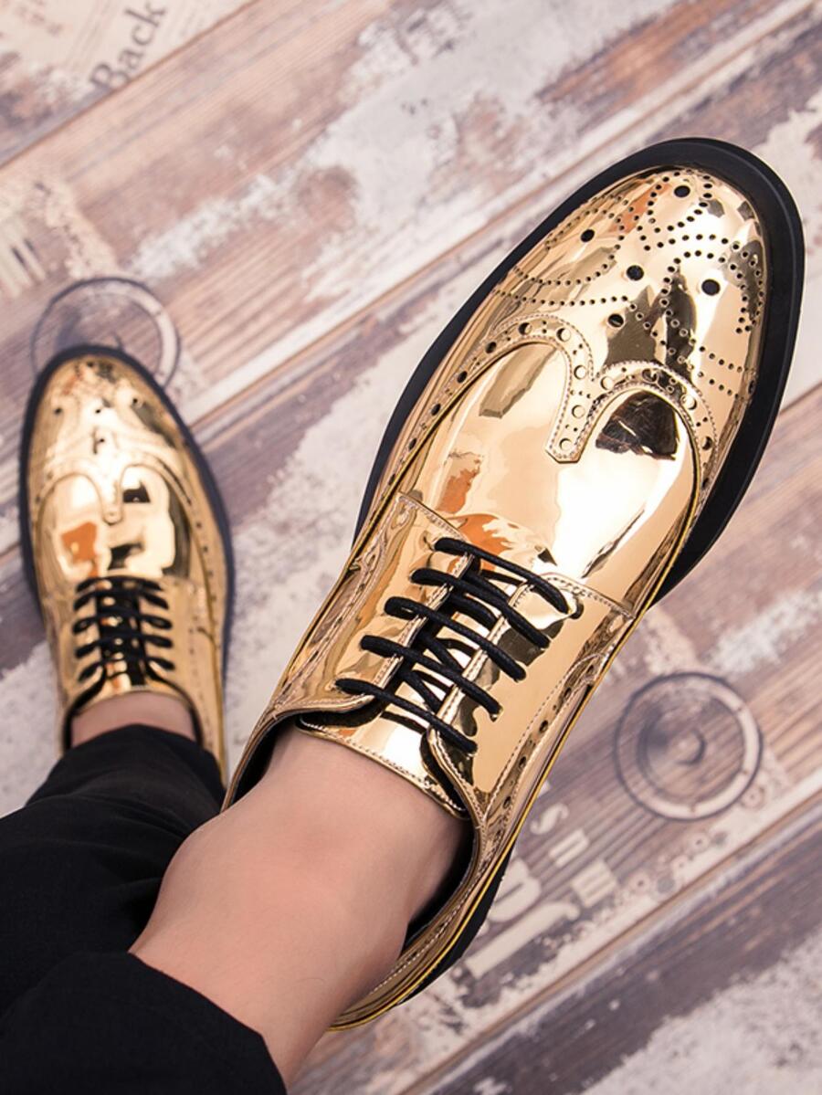 男士禮服皮鞋,適用於派對和婚禮,翅尖式樣,金屬色面層,鞋帶 - 金色 - 查看 1