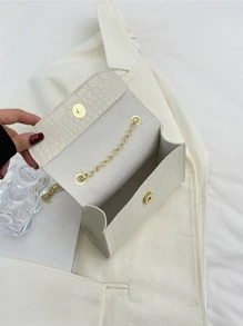 迷你鱷魚壓紋翻蓋鏈條方包字母裝飾女士手提托特包,大容量字母圖案單肩包,斜挎包 - 白色 - 查看 5